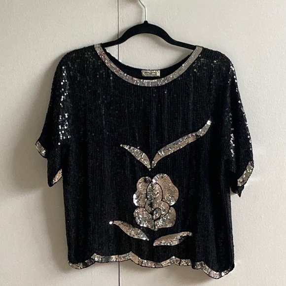 Vintage 80s Sequin Blouse Black Silver 14